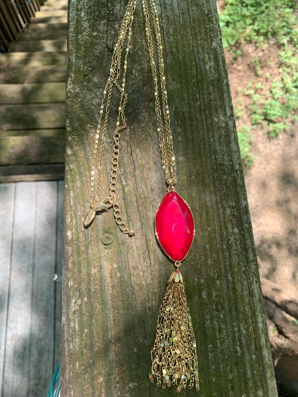 NWOT Style & Co. Gold-Tone Necklace w/ Magenta Faceted Pendant and Chain Tassel